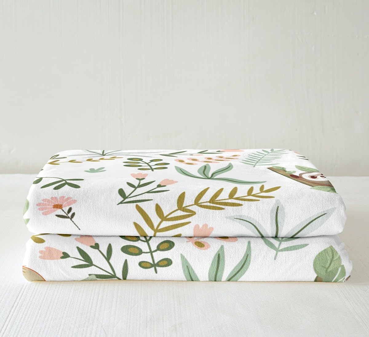 Kawaii Sloth Kids Flannel Blanket,Cute Sloth Wild Animal Print White Fuzzy Blanket for Children,Cartoon Boho Pink Green Floral Plant Polyester Throw Blanket for Couch, Twin Size (60 x 80 Inch)