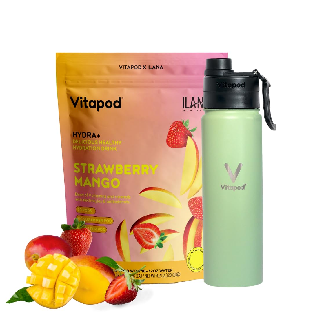 Vitapod x Ilana Muhlstein Hydra+ Strawberry Mango Flavored Water Enhancer Pods Starter Bundle, Sugar Free, Vitamin C, Vitamin D, Zinc, 30 Pods, 22 oz Stainless Steel Water Bottle, Sage Green