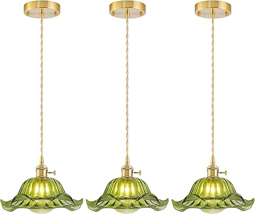 Miniatura 15 de Lámparas colgantes vintage para isla de cocina, lámparas colgantes de latón ajustables con pantalla de vidrio de lirio ámbar, iluminación colgante