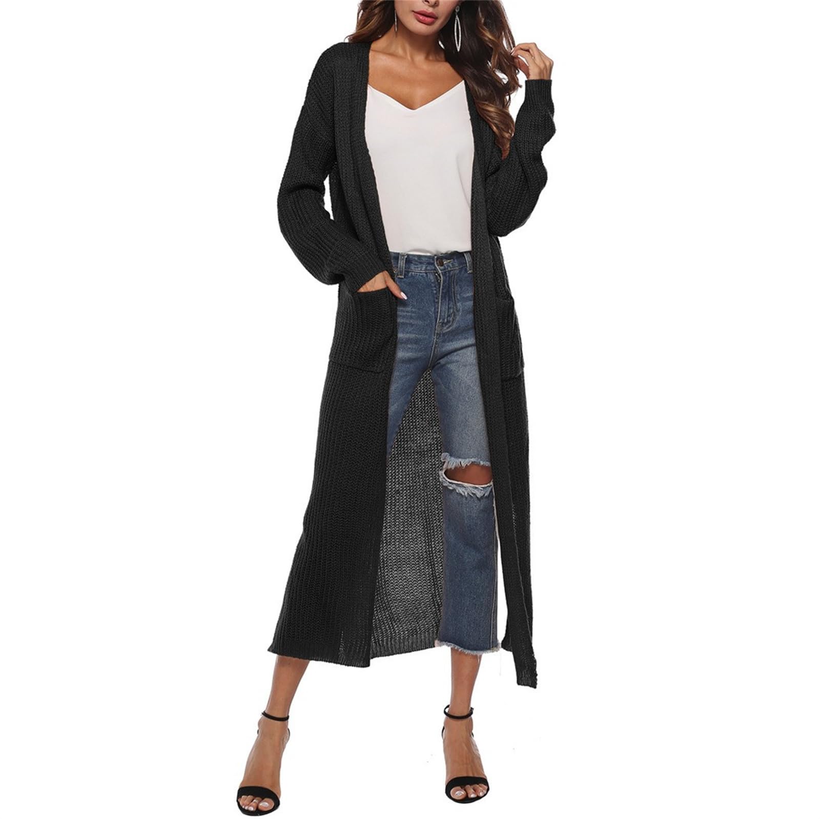 Gilet Long Femme Tricot Ouvert Avec Fentes Latérales Et Poches