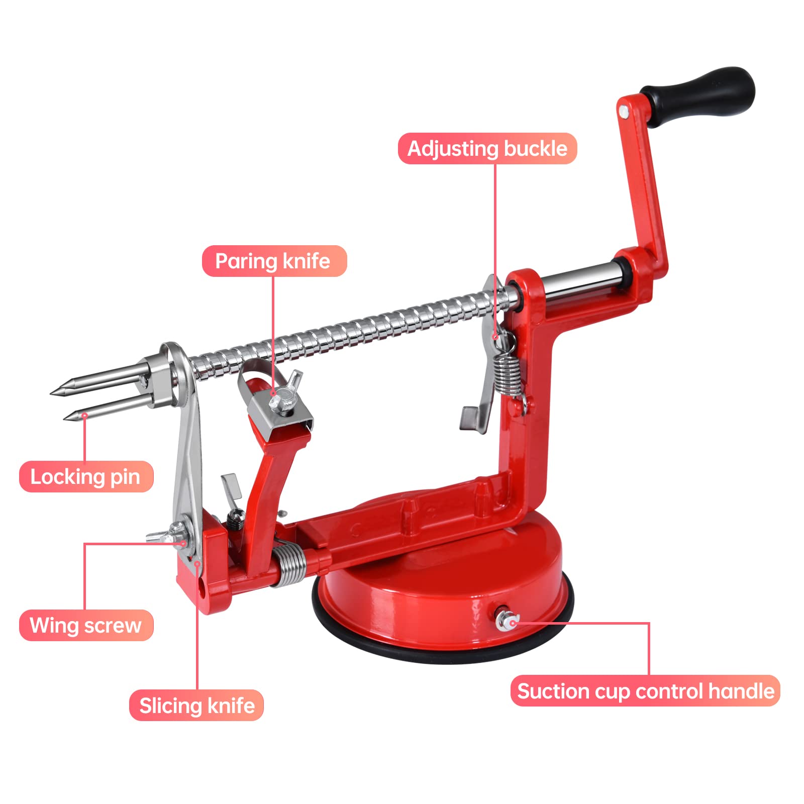 Apfelschäler, Edelstahl-Apfelentkerner Schäler, langlebig, robust, Druckguss-Magnesium-Legierung, Apfelschäler, Entkerner mit Saugfuß (rot)