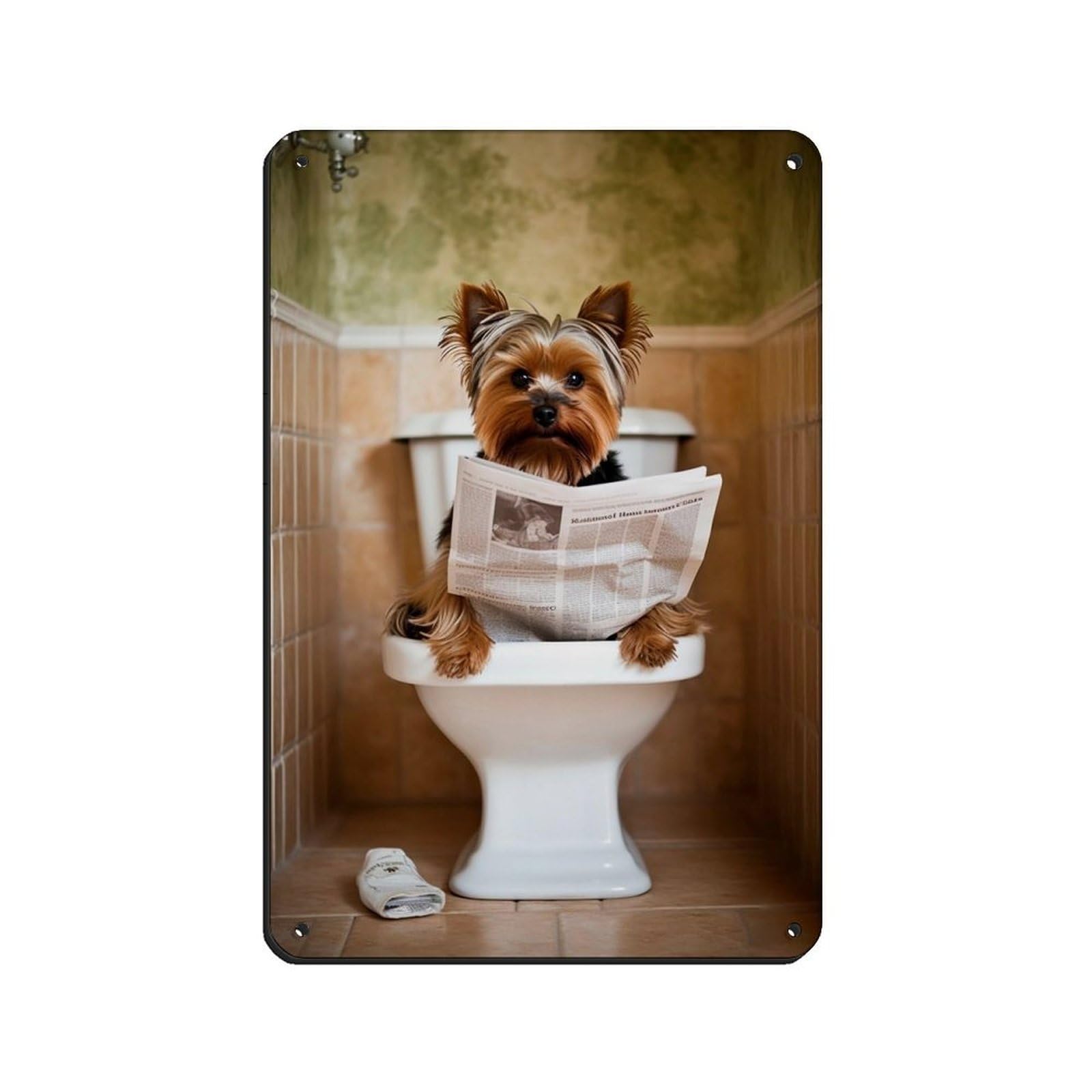 Yorkshire Terrier on Toilet Reading The Retro Poster Metal Tin Sign Chic Art Retro Iron Painting Bar People Cave Cafe Family Garage Poster Wall Decoration 8x12inch(20x30cm)
