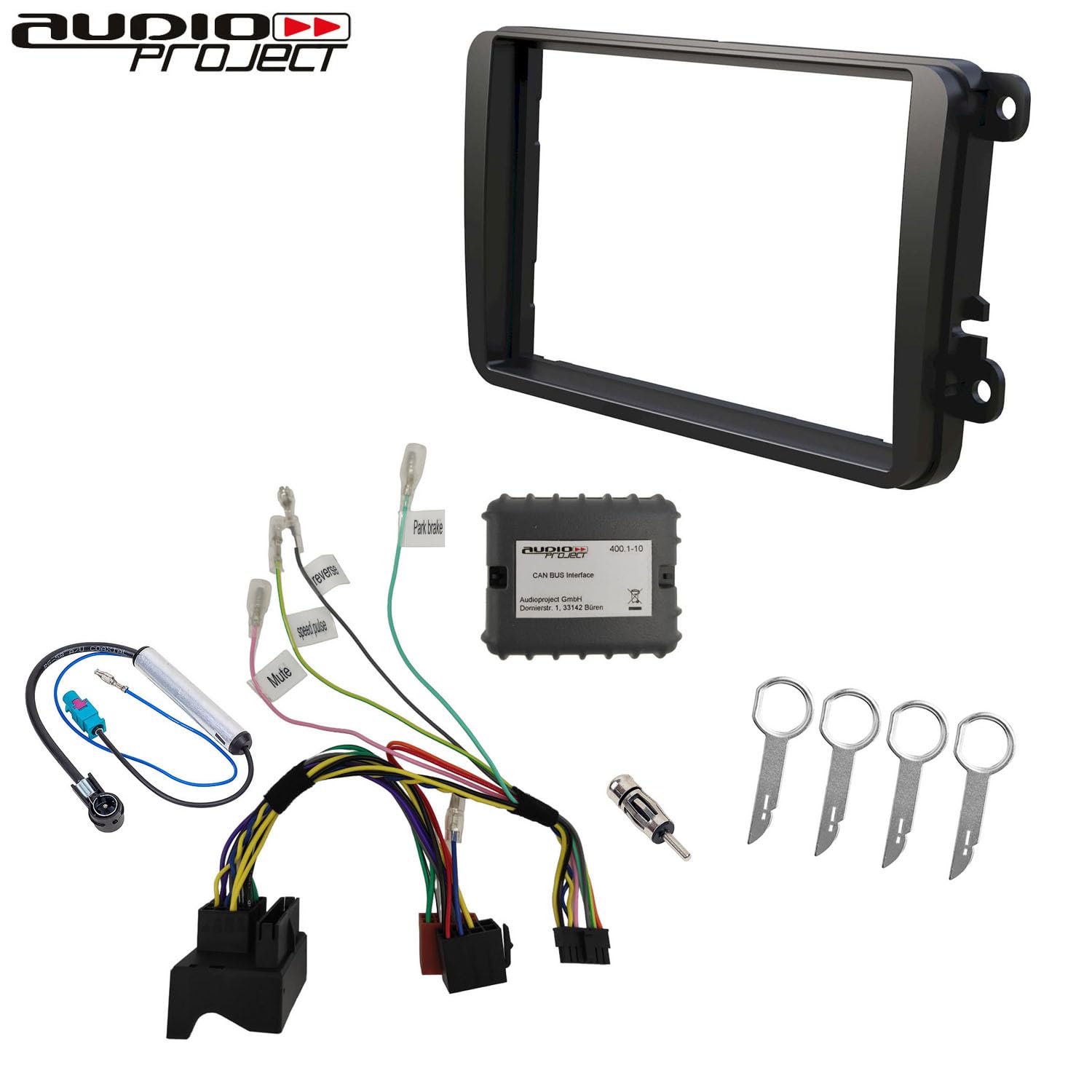 Audioproject A110 - CanBus zestaw zaślepek do radia 2-DIN kompatybilny z VW Golf 5 6 Polo 6R Passat Touran Caddy T5 Skoda Seat - osłona radia samochodowego podwójna DIN adapter antenowy odblokowanie