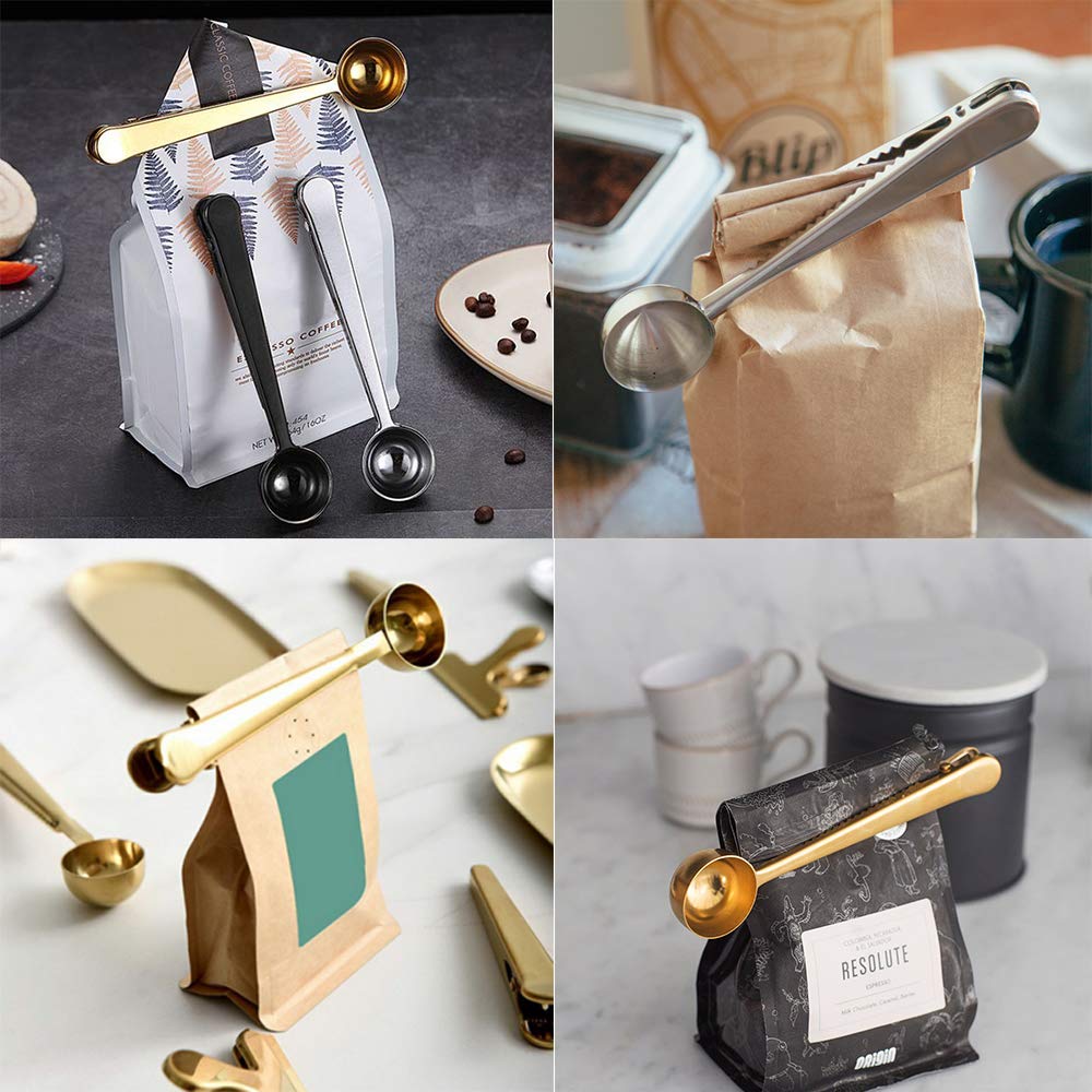 3 x Kaffeelöffel mit Clip, 2-in-1, Edelstahl, 1 Esslöffel, gemahlener Messlöffel mit Beutelclip für Kaffee, Tee