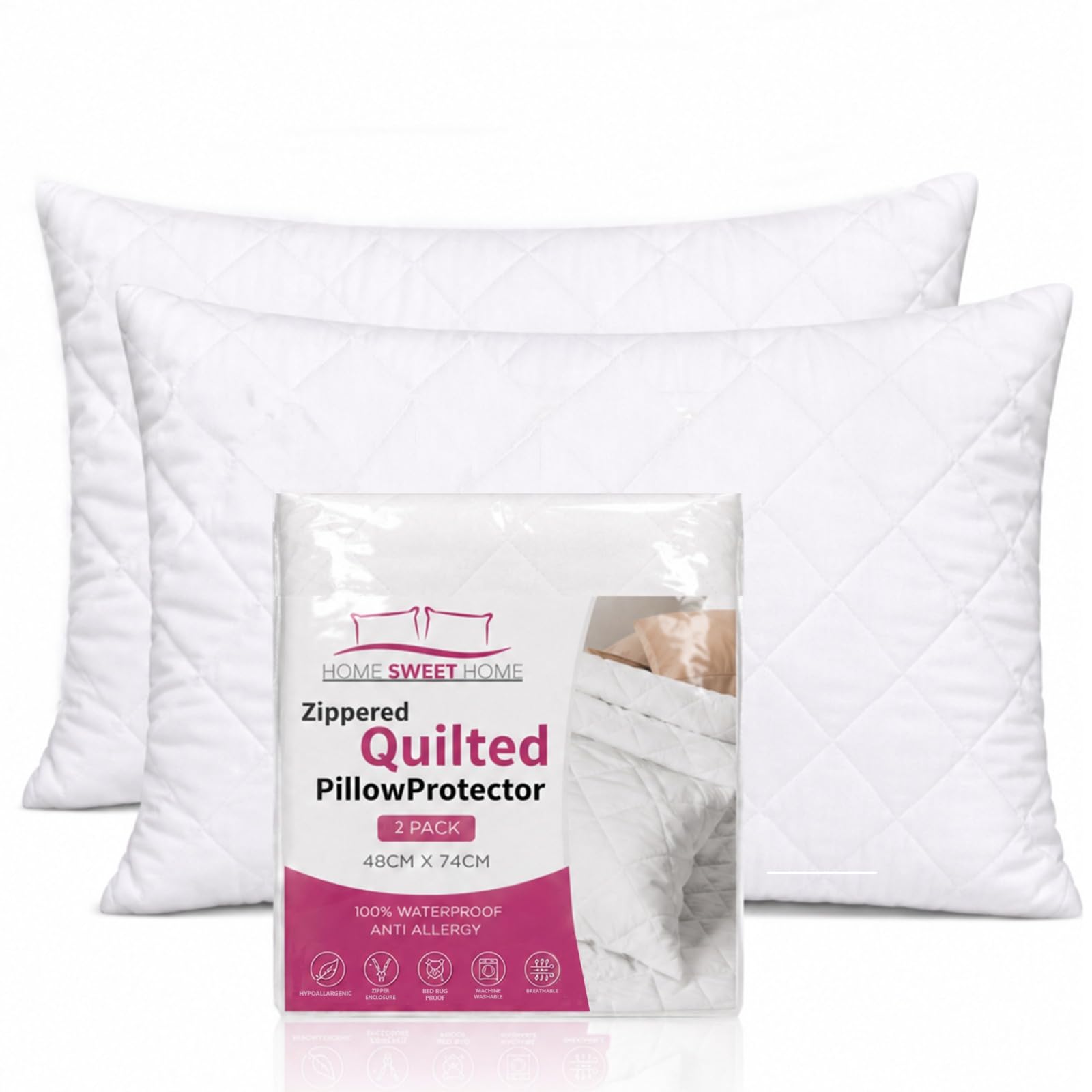 Home Sweet Home UK Zippered Pillow Protectors 2 Pack - 100% Soft & Breathable Microfiber Quilted Pillow Protectors - Hypoallergenic & Noiseless Pillow Case Protectors White 48cm x 74cm