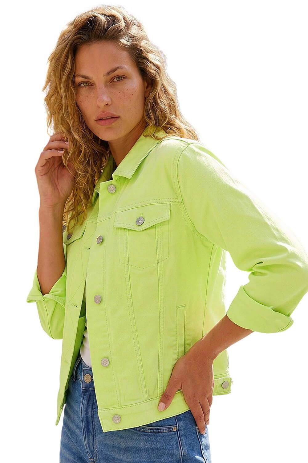 Roman Womens Summer Stretchy Jacket Denim Style - Lime Green - Size 14 UK