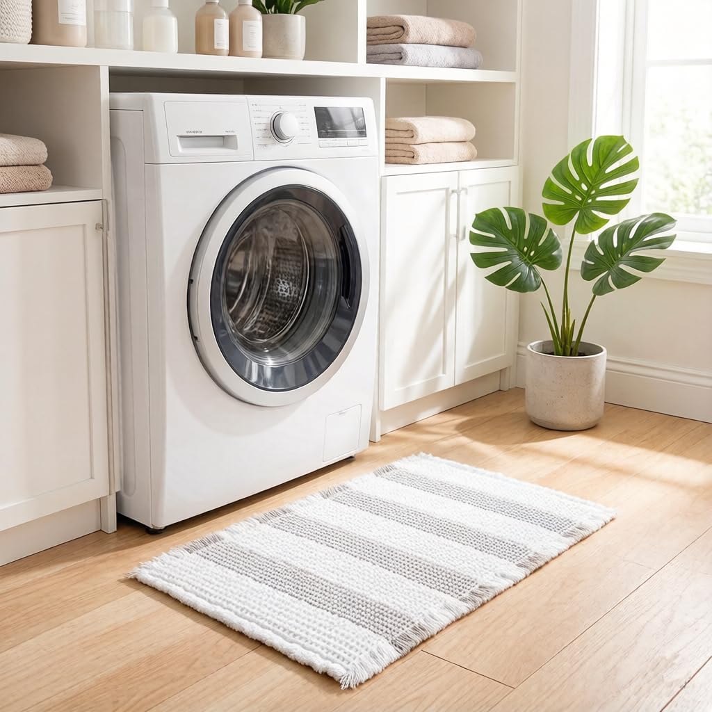 TASJZJZXSWaffle Bath Mat, Boho Bathroom Rugs Non Slip Washable Absorbent Checkered Bathroom Mat Quick Dry Farmhouse Bathroom Decor, (Lightgrey & White, 17" x 24") - Image 6