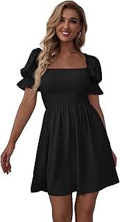 Women's Square Neck Flounce Short Sleeve Shirred Ruffle Hem Dress - Buy now