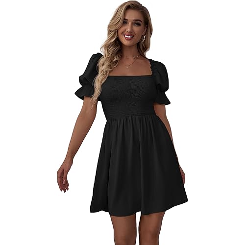 WDIRARA Women's Square Neck Flounce Short Sleeve Shirred Ruffle Hem Dress