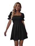 Women's Square Neck Flounce Short Sleeve Shirred Ruffle Hem Dress