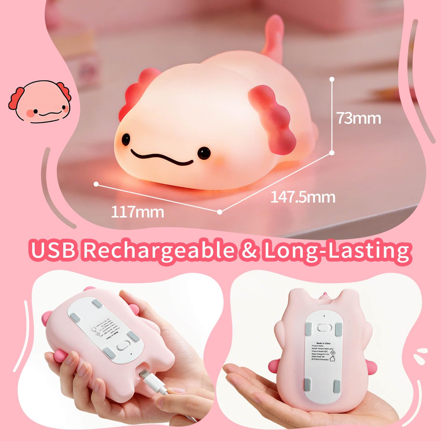 Axolotl - Luz nocturna para niños, silicona blanda de 3 niveles regulable, control táctil, bonita luz nocturna con temporizador, portátil, recargable por USB, lámpara de noche rosa, regalos