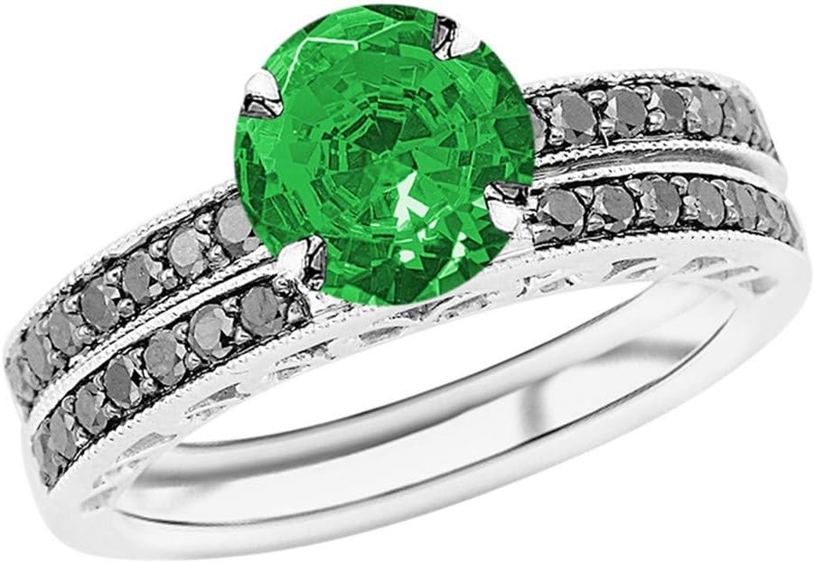 1.02 Carat t.w 14K White Gold Pave Set Black Diamond Engagement Ring and Wedding Band Set w/a 0.75 Carat Round Cut Green Emerald Heirloom Quality