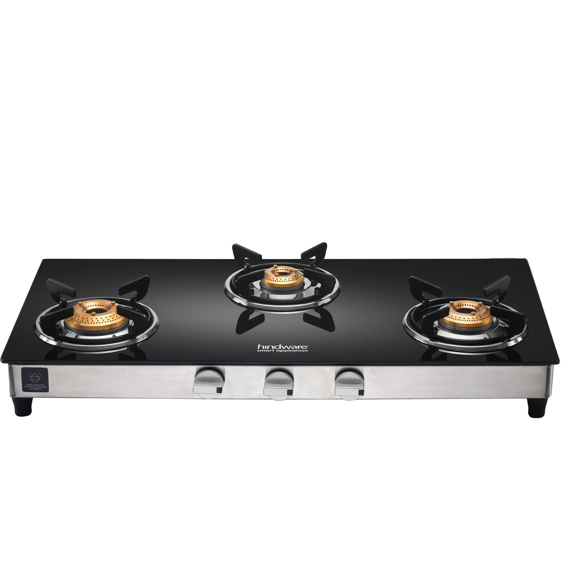 Hindware Smart Appliances | ARMO Plus 3 Burner Glass Gas Stove with Scratch resistant Powder Coated Body and Highly Efficient Corrosion Resistant Brass Burners (Black & Silver, Manual Ignition)-image-39