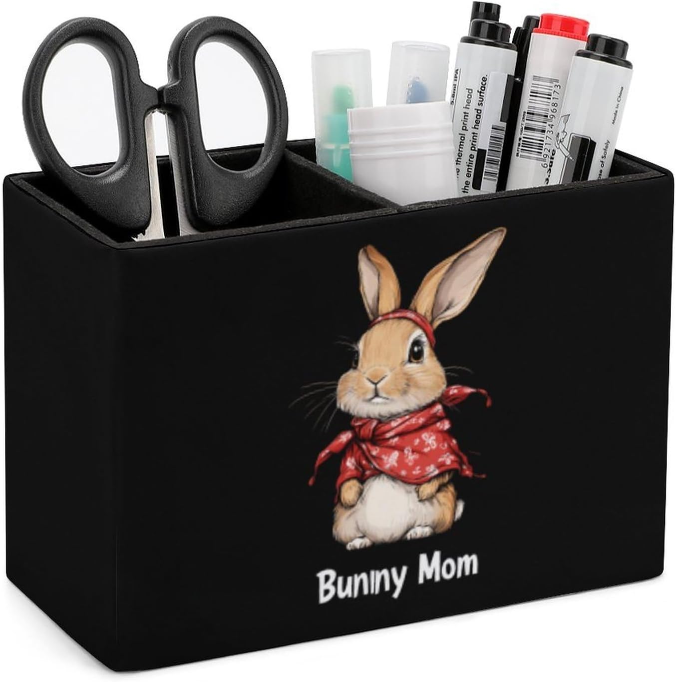 Bunny Rabbit Mom Pencil Pen Holder PU Leather Desk Storage Organizer Makeup Brush Box
