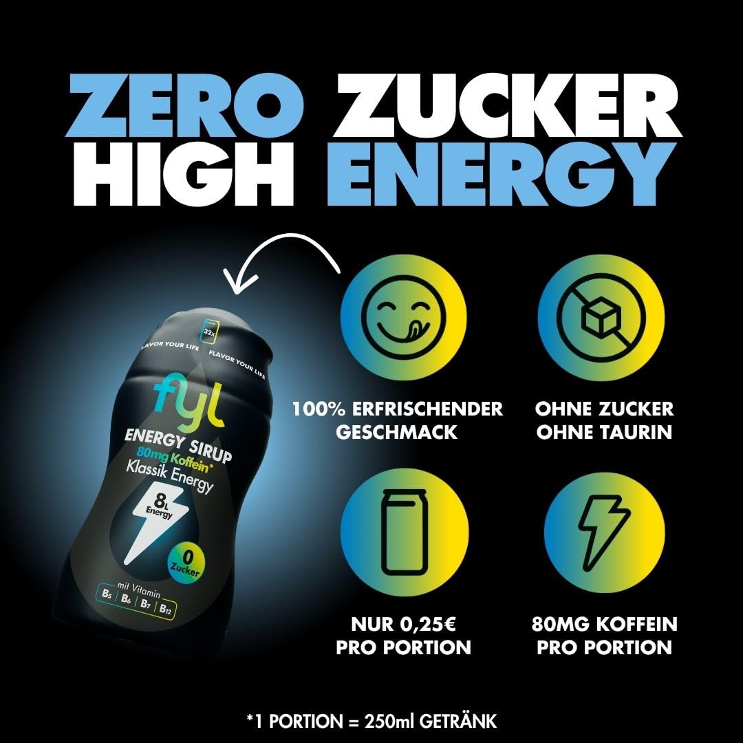 fyl Energy Sirup Zuckerfrei Blaubeere Kokos 65ml – bis zu 8l Energy Drink, Zero Zucker, mit Koffein & Vitamin B Komplex, kalorienarm, ohne Taurin, Getränkekonzentrat