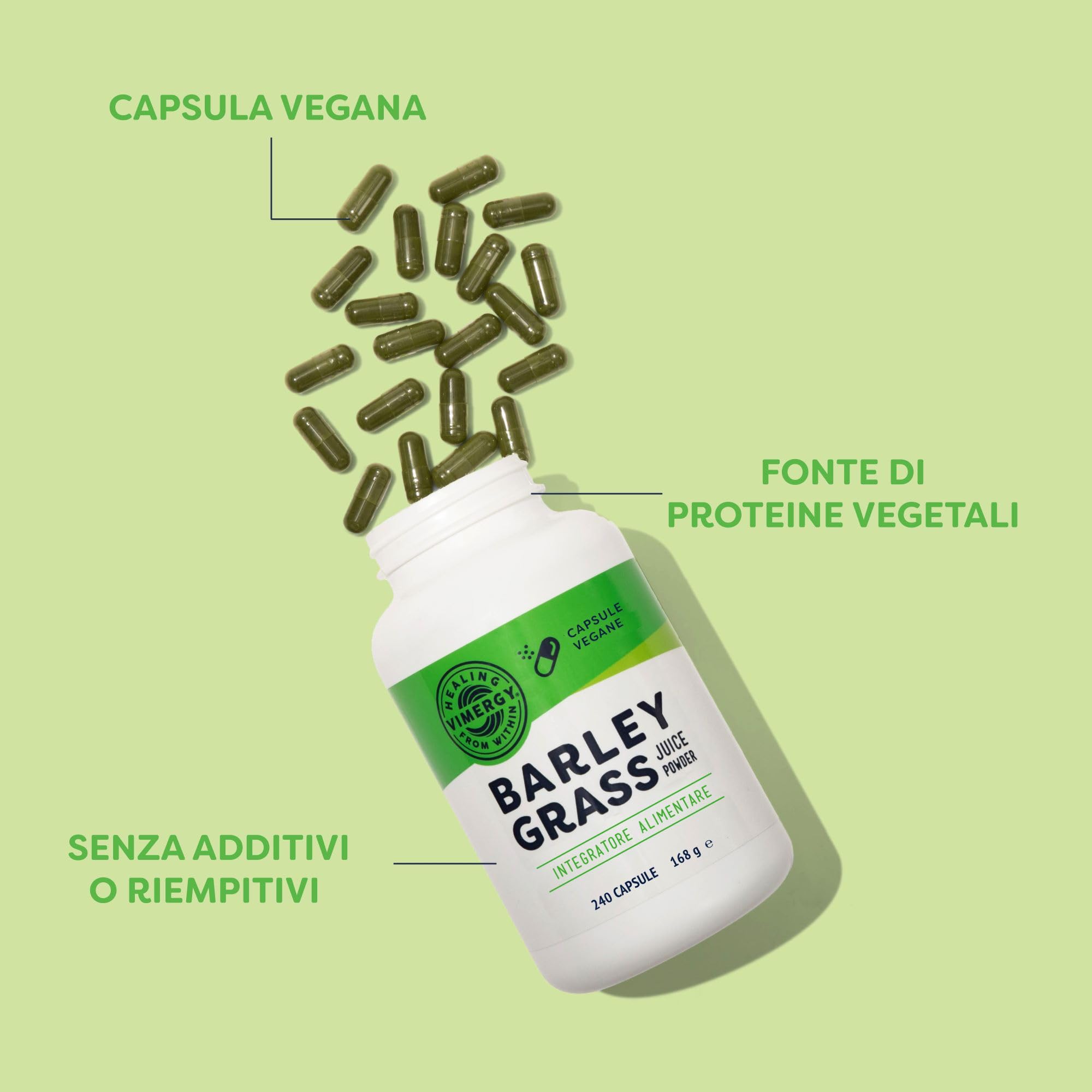 Vimergy Barley Grass Juice Powder, 30 Dosi – Capsule di Orzo Super Green – Orzo Senza Antiagglomeranti, Riempitivi, Aromi o Zucchero - Vegano, Senza OGM e Senza Glutine (240 Capsule)