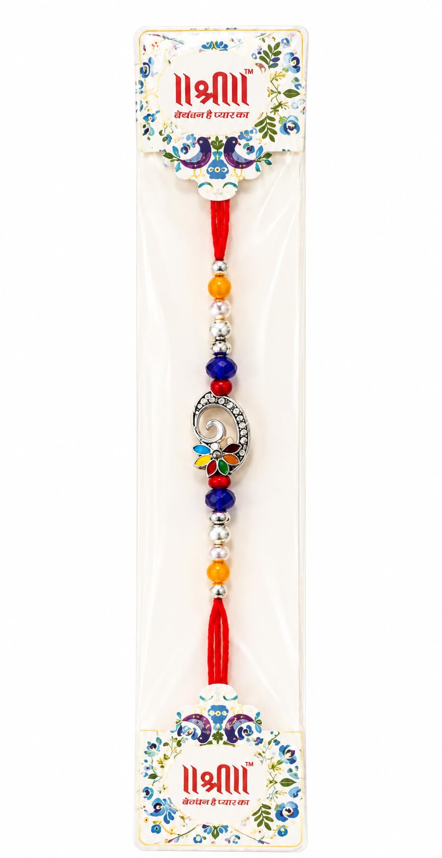 Rakhi with Floral Charm, Multicolour Beaded Red Thread-image-6