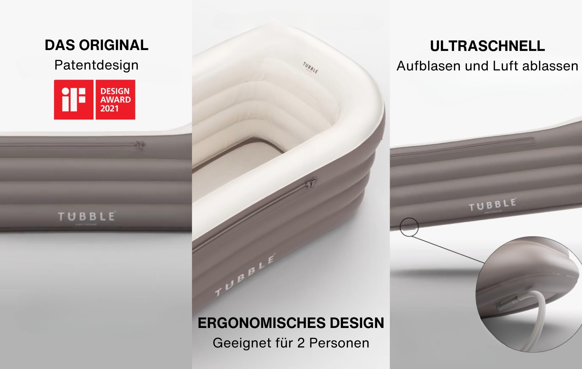 Tubble® Royale Badewanne Aufblasbar Ambiant Taupe 255 Liter - Faltbare Badewanne für Erwachsene bis 188 cm, Aufbau in 1min, Für Indoor und Outdoor, Home Spa & Eisbad