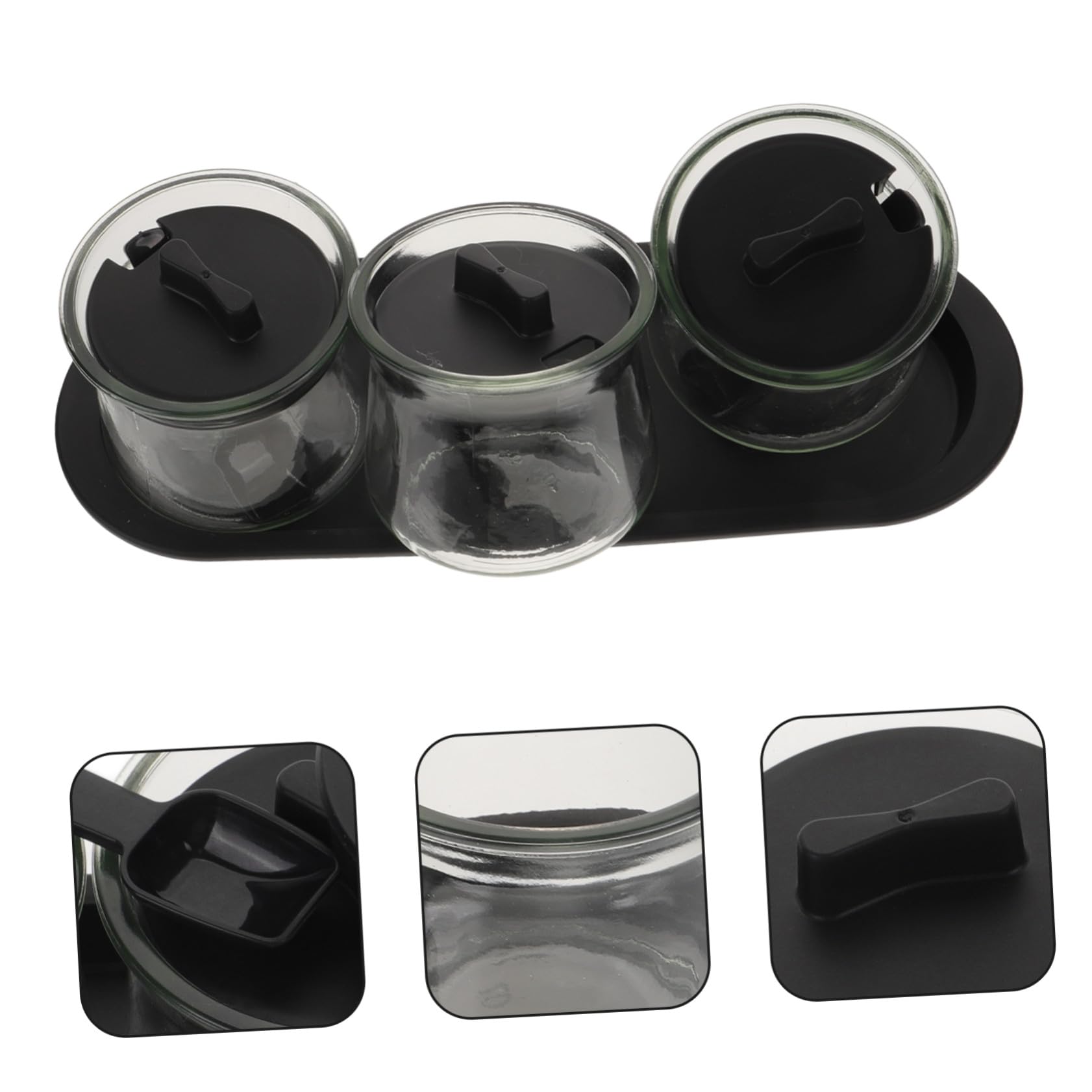 Set 3 Barattoli Per Spezie e Condimenti in Vetro Soda Con Coperchio, Contenitori Trasparenti Con Cucchiai e Vassoio Per Cucina Organizzata, Conservazione Asciutta Di Zucchero, Sale e Spezie