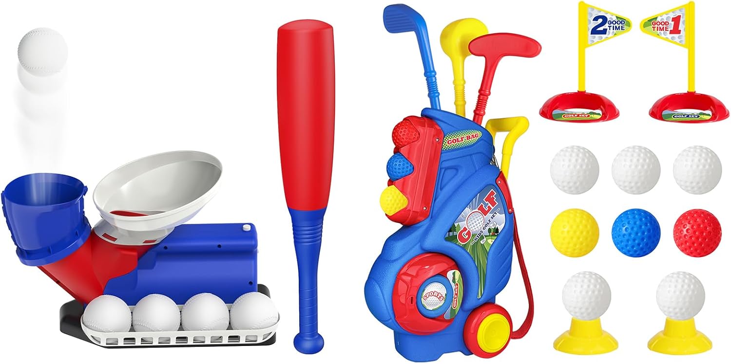 Toy Automatic Baseball Pitching Machine for Kids, Baseball Hitting Trainer with Bat & 4 Balls and Golf Set for Girls Boys 2 3 4 Years Old, Upgraded Kids Golf Cart with 3 Clubs & 8 Balls