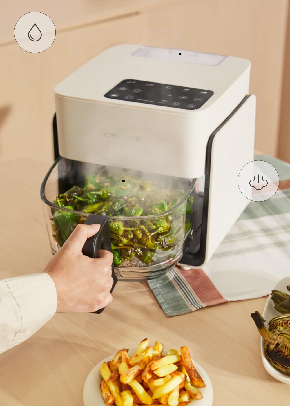 CREATE/AIR FRYER STUDIO CRYSTAL/Friggitrice senza olio 4,2 L con vaporizzatore d'acqua bianco panna/Capacità per 5-6 porzioni, 6 programmi, controllo di tempo e temperatura, 1300W