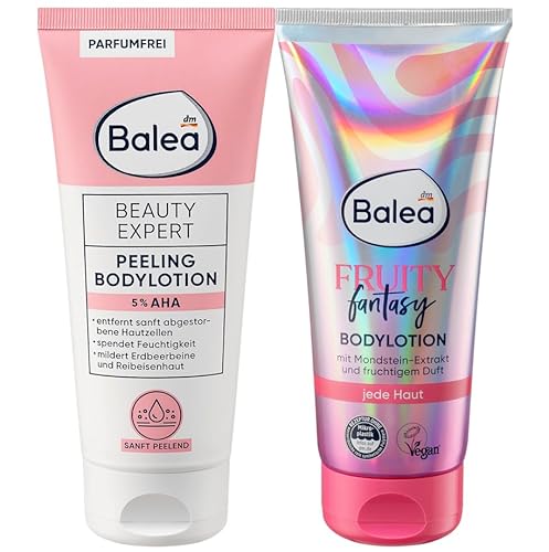 Balea 2er-Set Hautpflege: Körperlotion Beauty Expert Peeling Bodylotion mit 5% AHA für ein glattes Hautbild, 200 ml + Bodylotion Fruity Fantasy fruchtiger Duft mit Mondsteinextrakt, 200 ml (400 ml)
