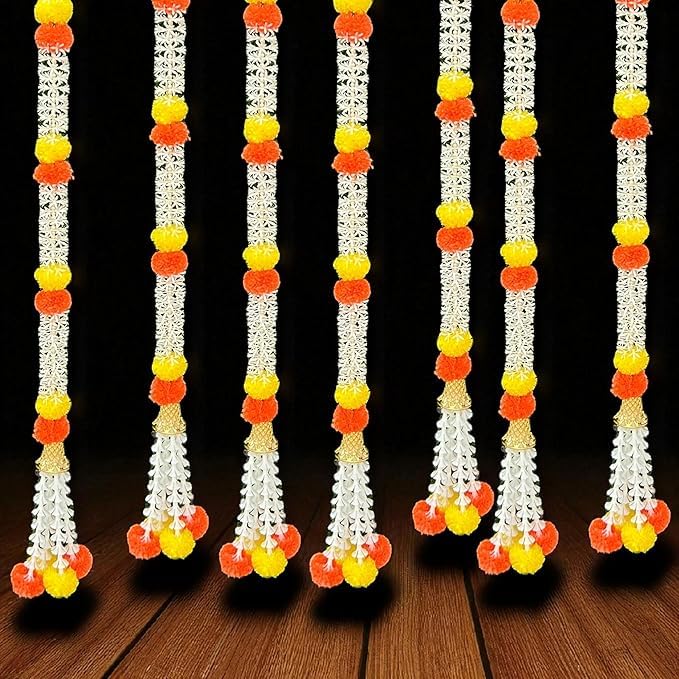 Image of iHandikart Decorative Artificial Flower Strings, Pack of 4 White & Yellow Garlands for Door, Wedding, Diwali, Pooja Room & Festival Decoration Size (58 Inch)