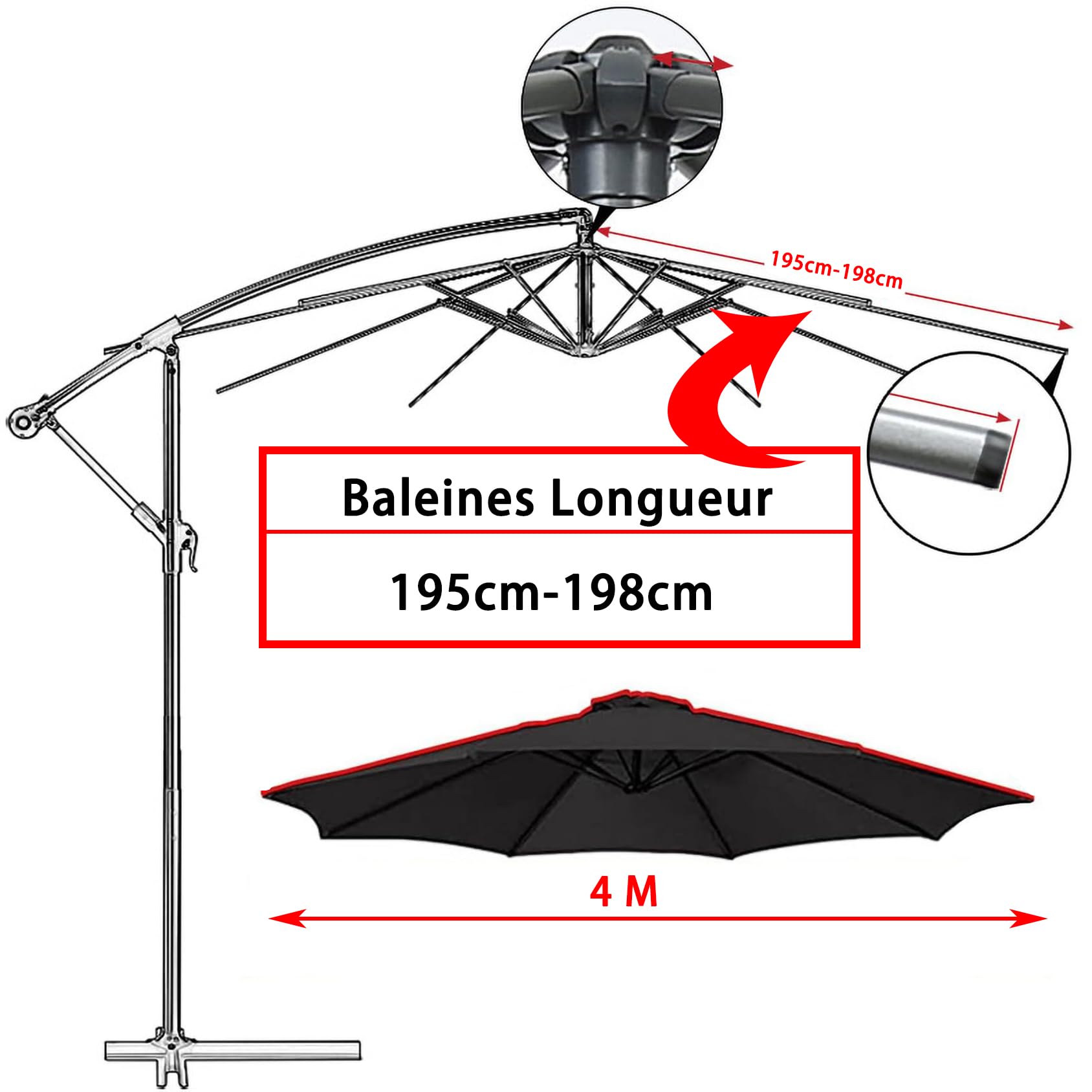 Toile de parasol 8 baleines 4m, toile de rechange pour parasol d'extérieur Résistant à l'UV (auvent uniquement)