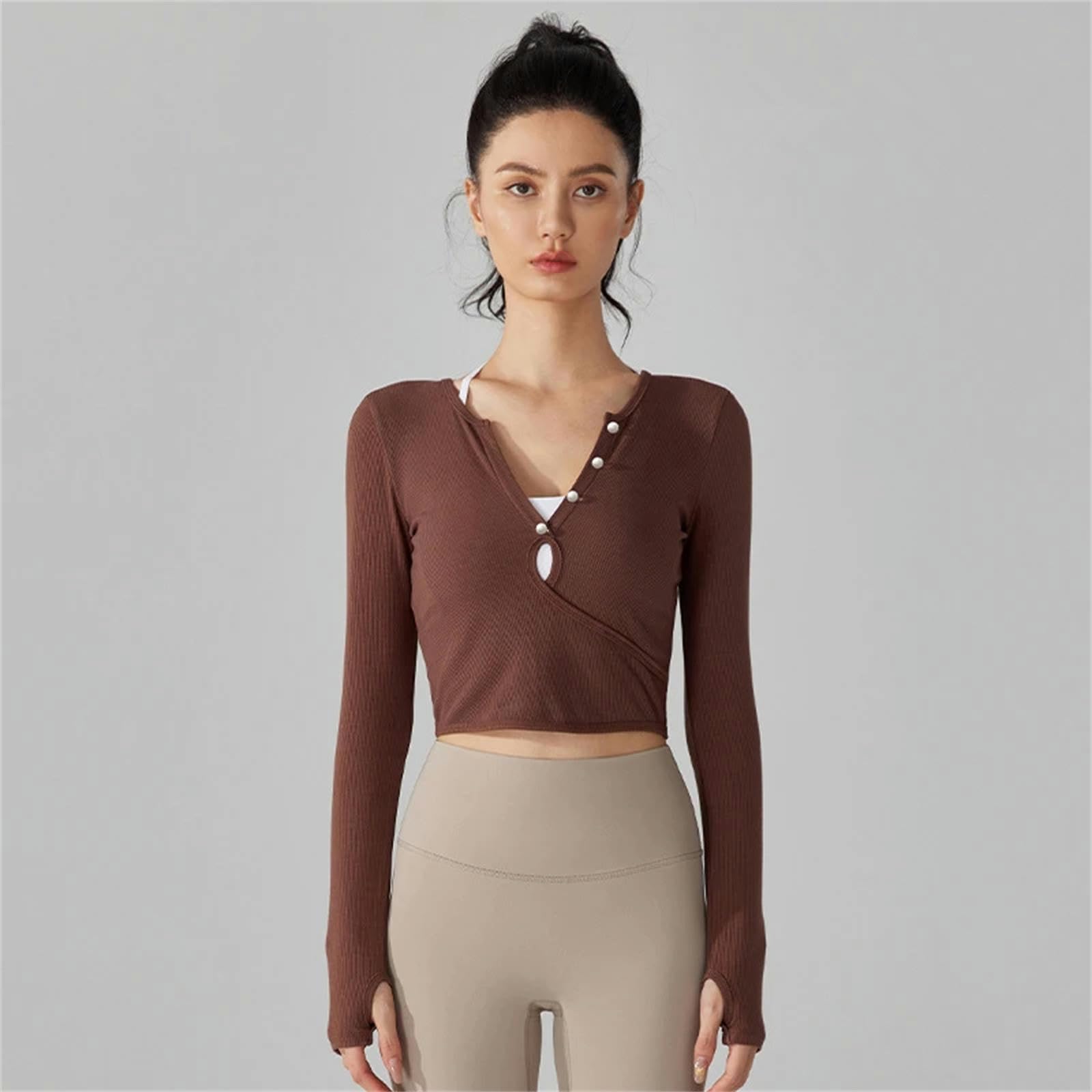 Camiseta Mujer Mujeres Camisas Delgadas De Yoga Manga Larga Camisetas De Manga Larga Agujero En V Tops Blusa