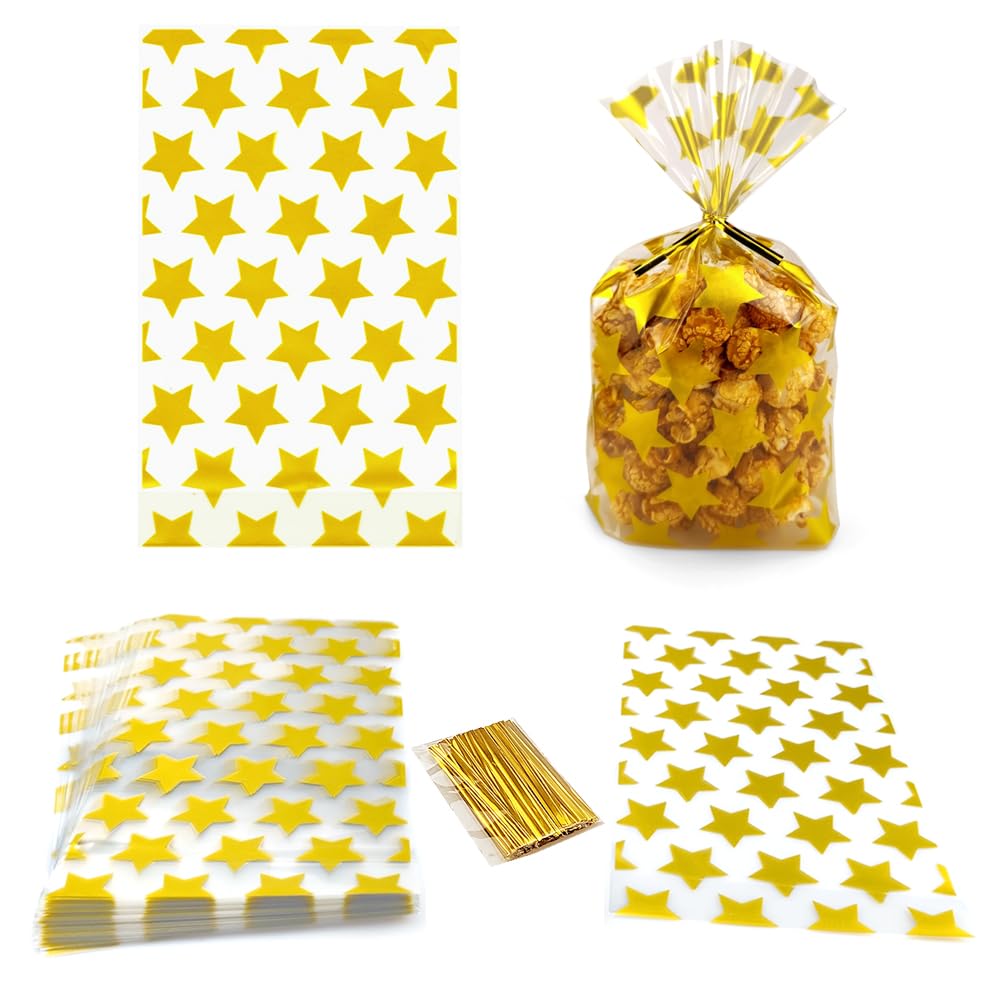 SaktopDeco 100 PCS Gold Star Cellophane Bags - 5 x 8 Star Plastic Bags for Packing Favor Supplies