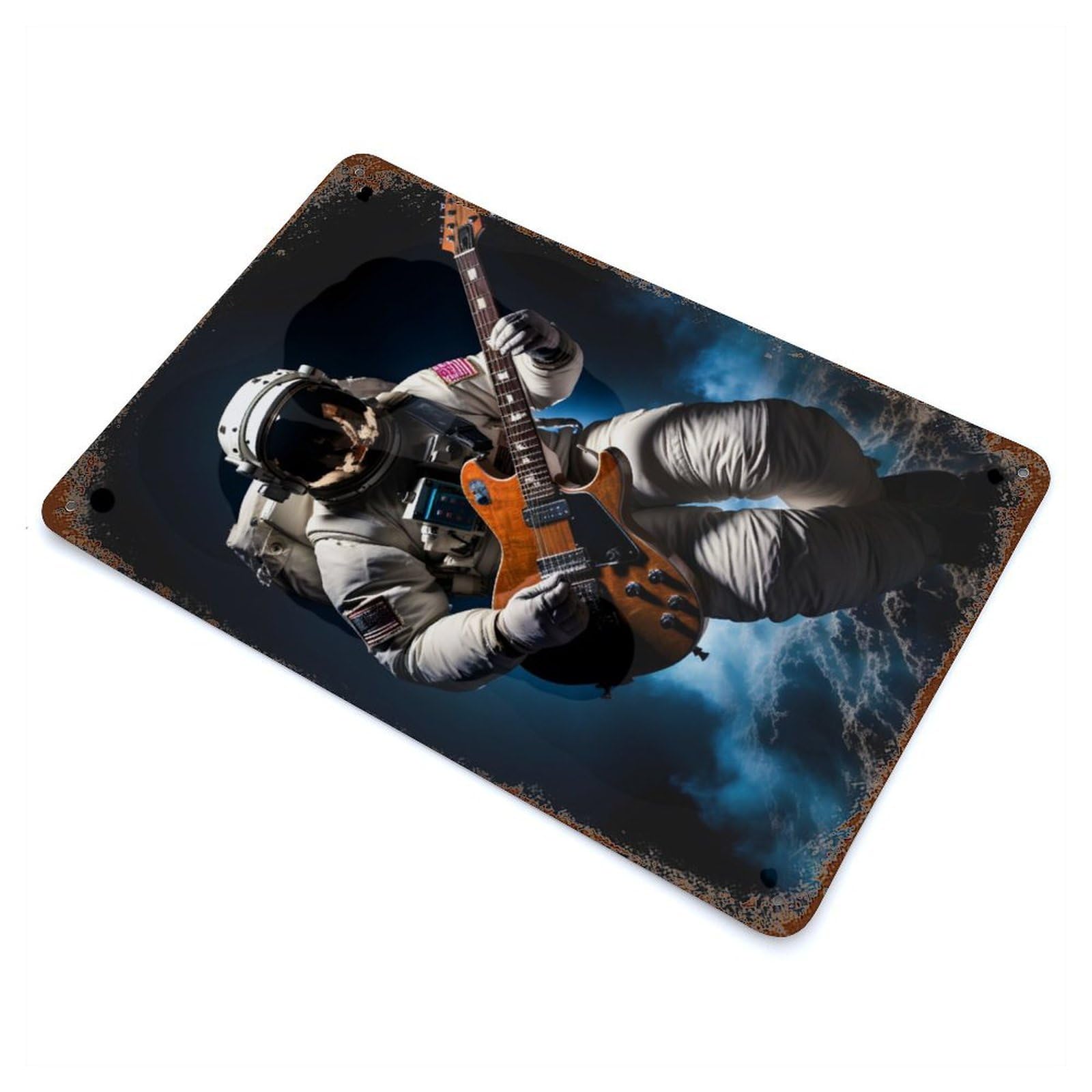Vintage Metal Tin Sign Astronaut Plays Guitar 11.8"x7.9", Industrial Home Decor for Farmhouse, Kitchen And Entryway Decor