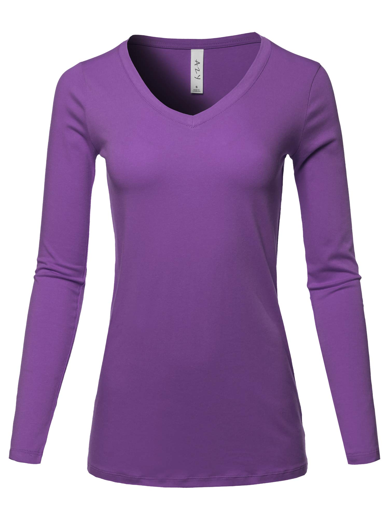 A2Y Women's Basic Solid Soft Cotton Long Sleeve V-neck Top T-shirt
