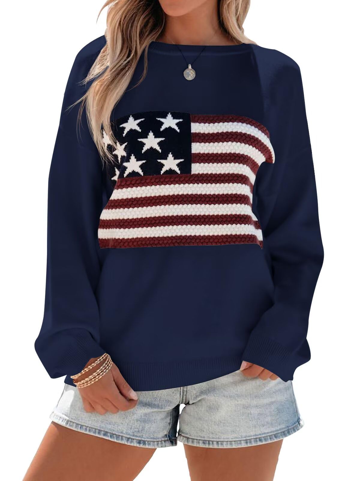 BONITEE Womens American Flag Sweaters Long Sleeve Crewneck USA Striped Star Pattern Soft Lightweight Loose Knit Pullover