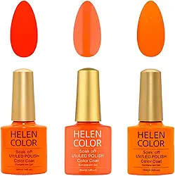 HELEN COLOR Kit 3 Esmaltes em Gel UV/LED 10ml Cada Frasco Secagem Rápida Alta Durabilidade Acabamento Brilhante (Laranja)