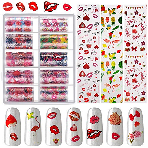 20 Rolls Red Lips Nail Stickers Nail Foil Transfer Stickers Summer Romantic Rose Flamingo Heart Pattern Nail Art Decals and Adhesive Gel for DIY Nail Art