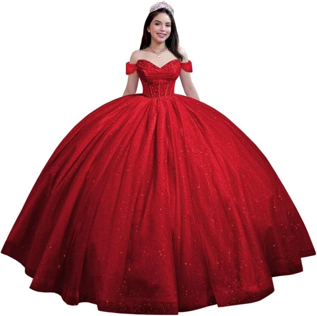 Yifanier Sparkly Off Shoulder Quinceanera Dress Puffy Tulle Sweet 16 Dress Tulle Quinceanera Dresses with Bow MT016 Red