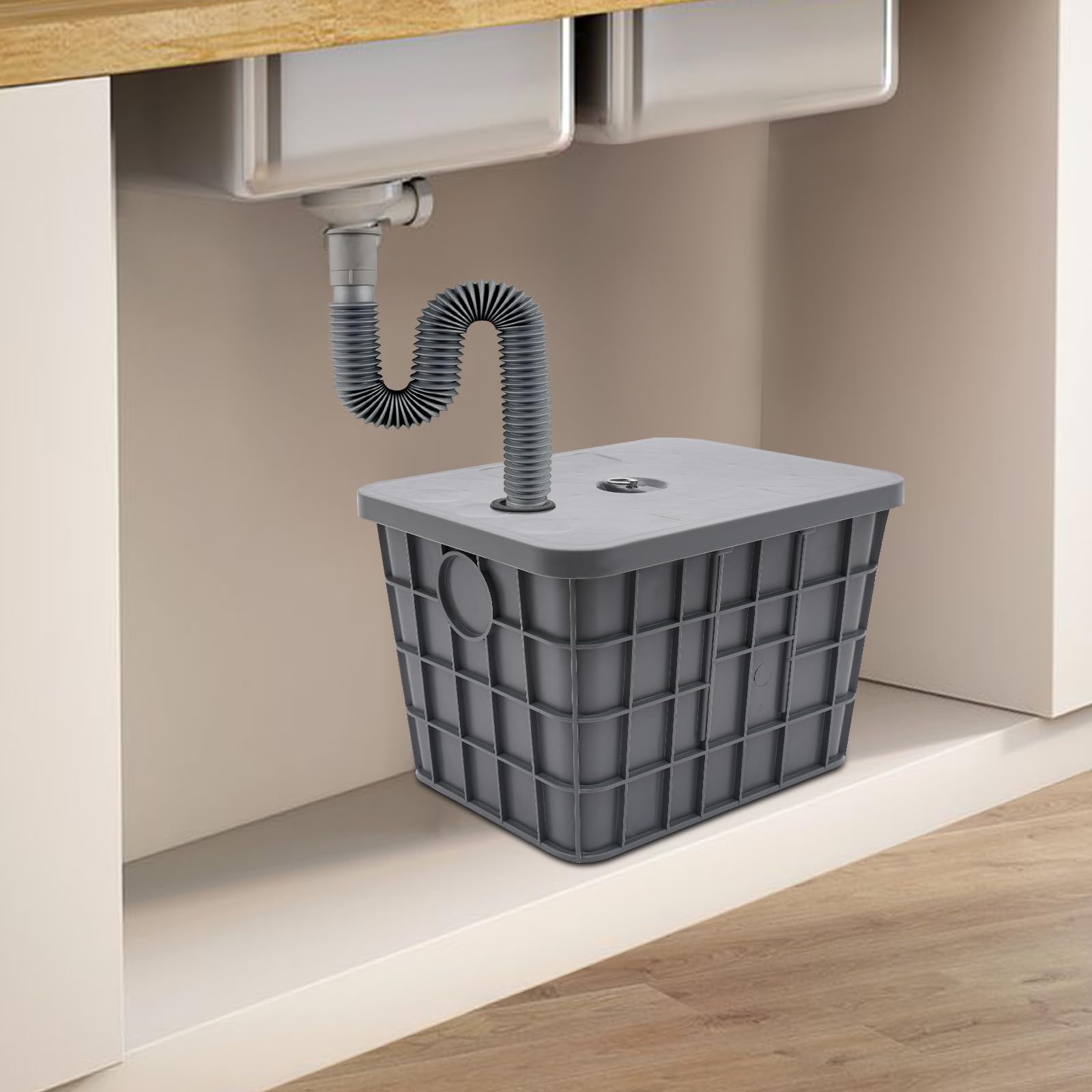 FIPINIXK Commercial Grease Interceptor 50L/13.21Gal Oil-water Separator with Drainage Pipe & Gloves Rectangular Grease Trap for Kitchens Restaurants Fast Food Chains, Grey