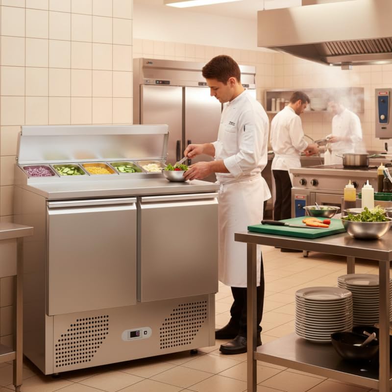 Générique Saladette Réfrigérée 2 Portes GN 1/1 avec Top GN 1/6-240L - +2/+8°C - Inox - Professionnelle