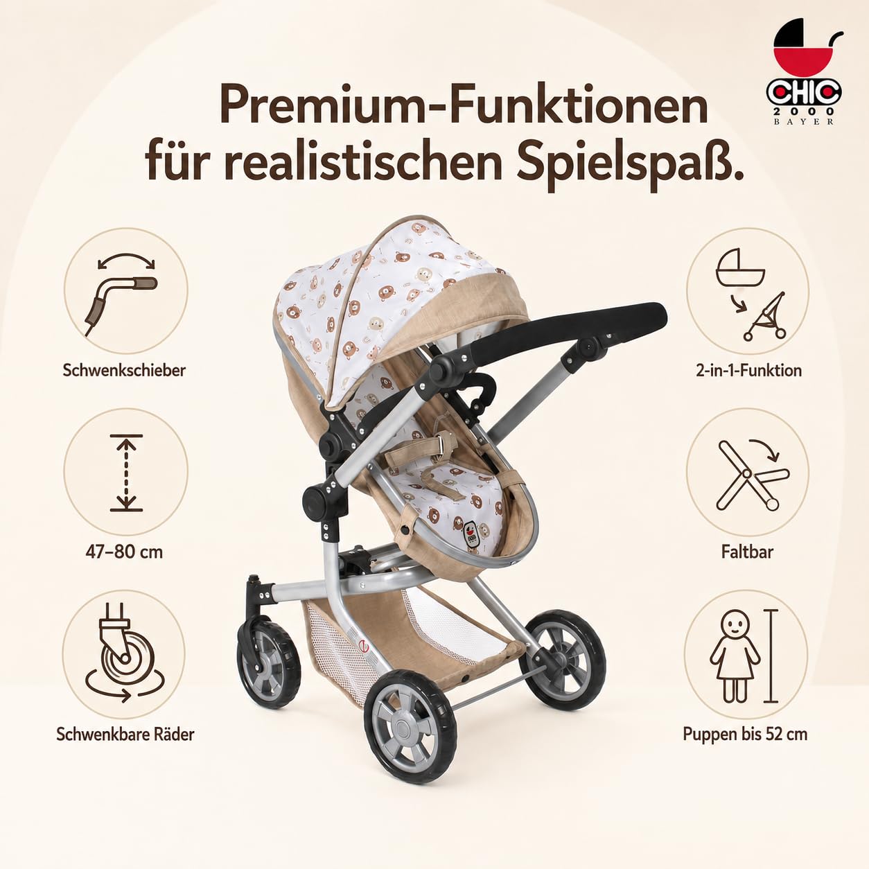 Bayer Chic 2000 Wózek dla lalek Mika, wózek 2 w 1, dla dzieci w wieku od 4 do 8 lat, wózek dla lalek do 52 cm, beżowe misie | Duży wózek dla lalek kombi 2 w 1 z regulowanym fotelem sportowym dla lalek do 52 cm. Beżowy miś, uchwyt 47-80 cm, od 3 lat