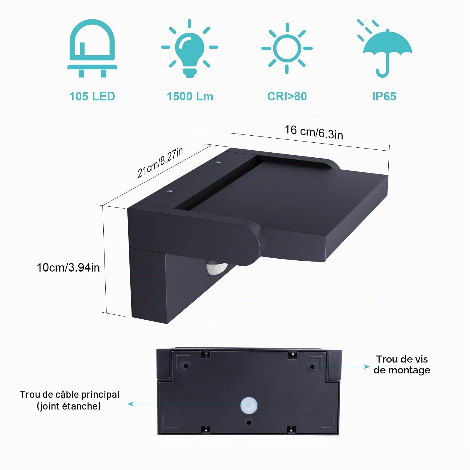 Klighten 2 Pcs 24W Applique Exterieur/Intérieur LED avec Détecteur de Mouvement, IP65 Lampe Murale avec LED Panneau Rotatif, Éclairage Murale pour Entrée Jardin, Anthracite, Blanc Chaud 3000K