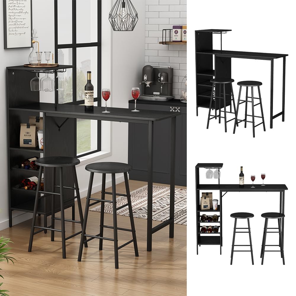 Vicco Juego de Mesa de Bar Naila, Negro, 121.5 x 40 cm con 2 taburetes, Apto como Comedor con Superficies de Almacenamiento para Guardar Objetos