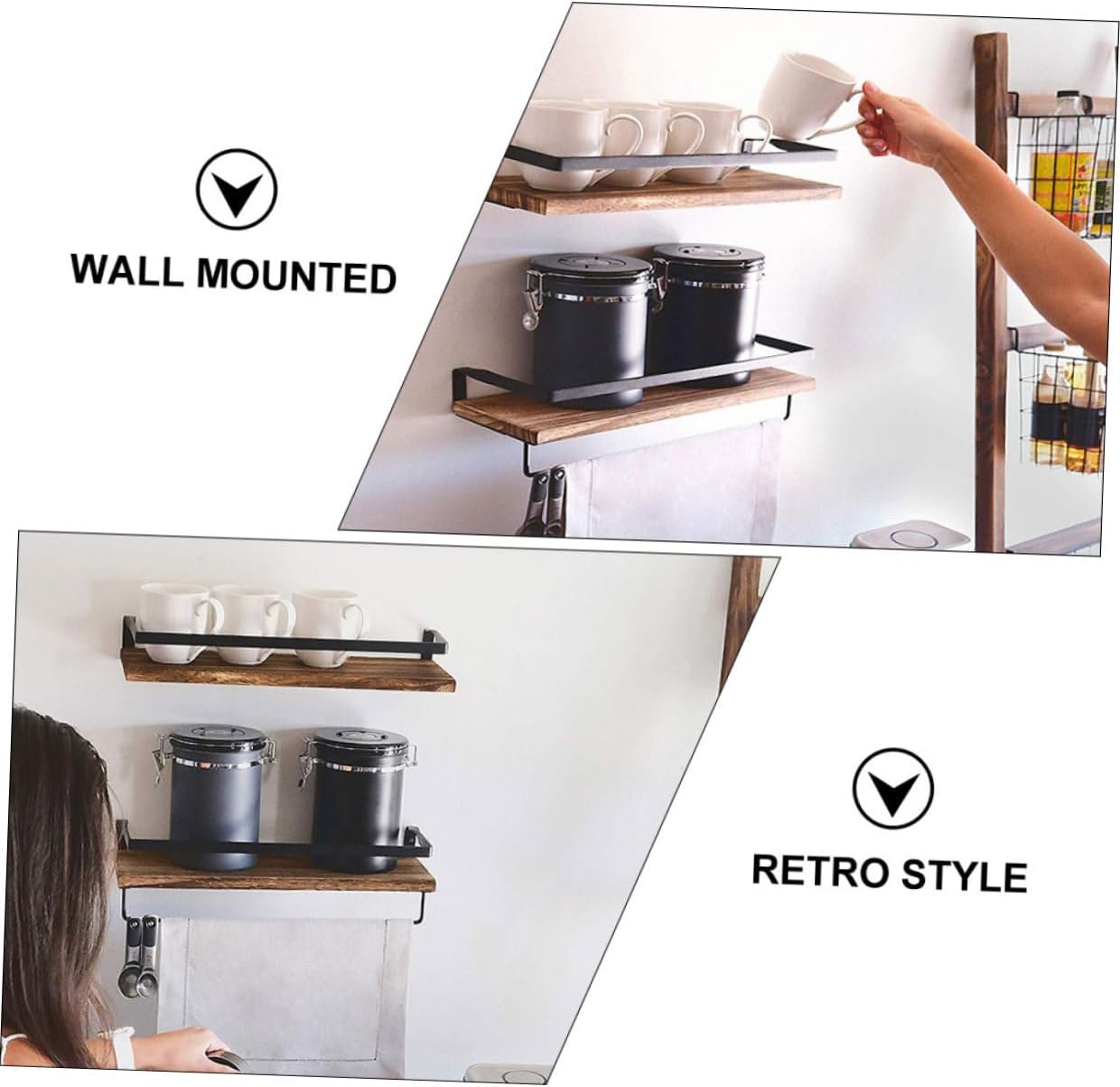 PRETYZOOM 2pcs Pine Wood Floating Wall Shelf with Hooks, Decorative Kitchen and Bathroom Storage Rack, 40x15x8cm Mounted Utility Organizer for Home