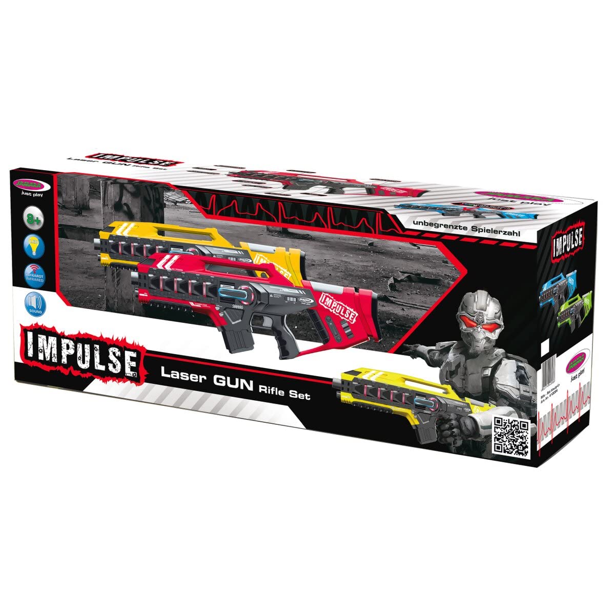 JAMARA 410083 Impulse Gun – Rifle Set gelb/rot – Laser Tag mit 3 Battlemodi Spieler je Team, Last Man Standing, Duell, 4 simulierte Waffen mit Soundeffekte, bis 40m Reichweite