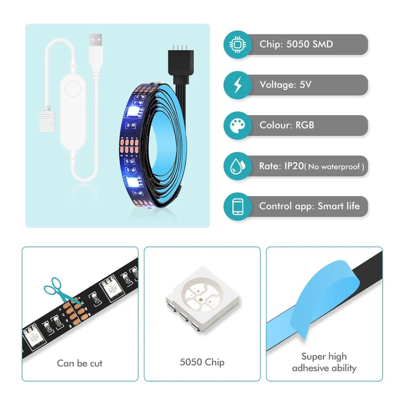 Ozscbuioy Striscia LED USB Wifi RGB 5050 Luce LED DC5V Retroilluminazione TV compatibile(Zigbee verison,5M Kit)