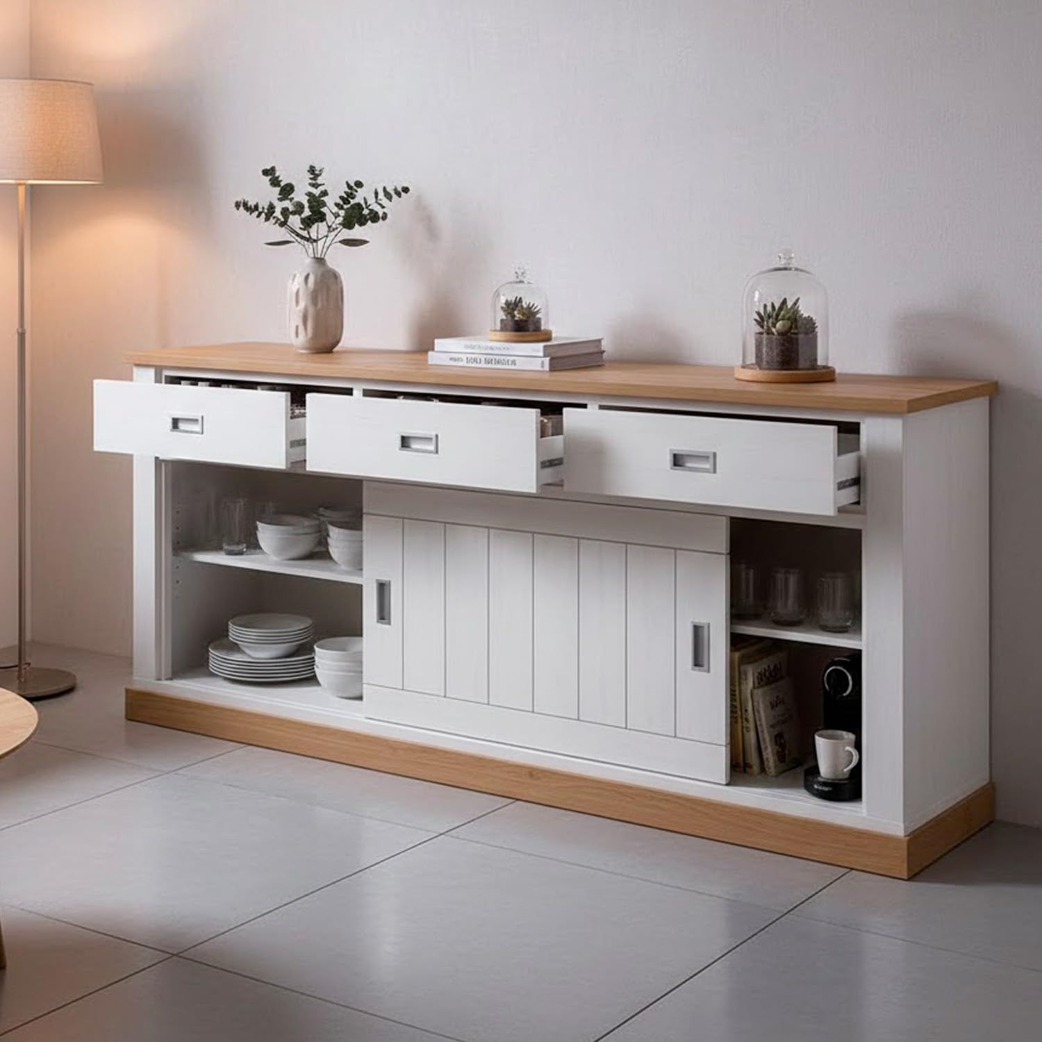 Arreditaly Credenza Soggiorno 3 Cassetti 2 Ante Scorrevoli 4 Ripiani Interni Mobile Buffet Madia Dispensa Cucina Zona Living Design Classico Moderno 220 x 50 x 95 Cm (Bianco e Rovere)