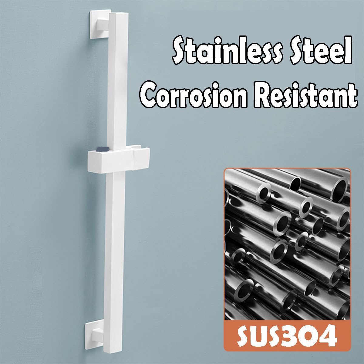 Asta Saliscendi per Doccia Quadrata 60 cm, Montaggio a Parete con Angolo e Altezza Regolabili, Rotazione a 360°, Supporto per Soffione in Acciaio Inox SUS304 Antiruggine (Argento)
