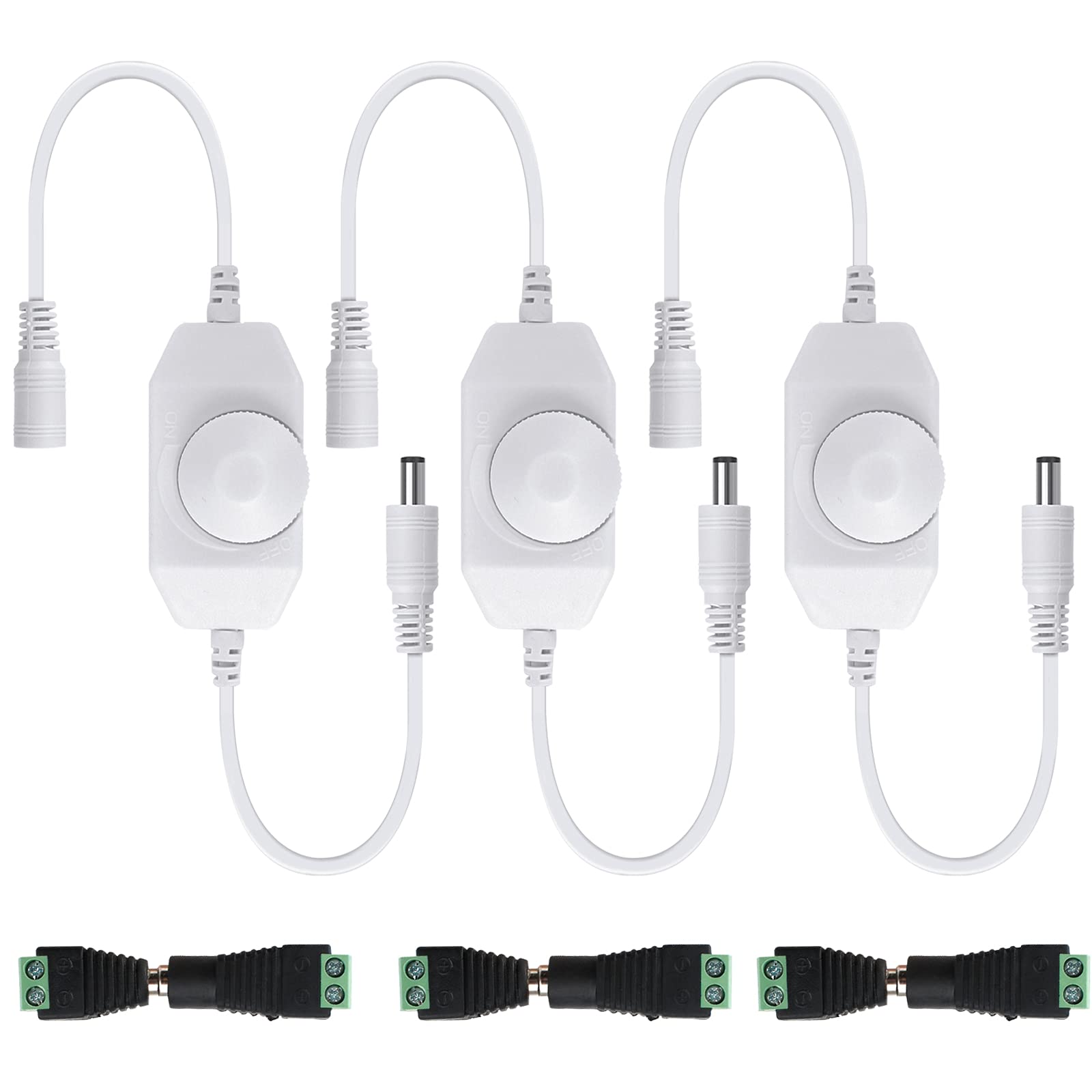3-Pack DC 12V-24V LED Strip Dimmer Switches - Knob Brightness Control With 5.5x2.1mm Adapters