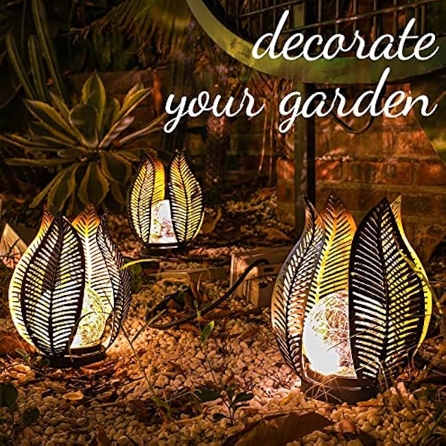 Solar Garden Lights Waterproof Decorations,Crackle Globe Glass,Metal Palm Leaf Solar Lights for Outdoor Decor On Garden,Patio,Yard,Front Porch,Tabletop Lamp-Perfect Gifts