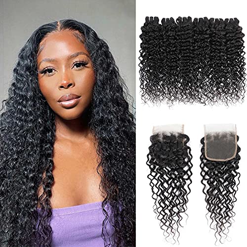 Water Wave Bundles and Closure Wet and Wavy Human Hair Weave Bundles with Closure Brazilian Virgin Human Hair 6 Bundles with Closure (20 20 22 22 24 24+18)