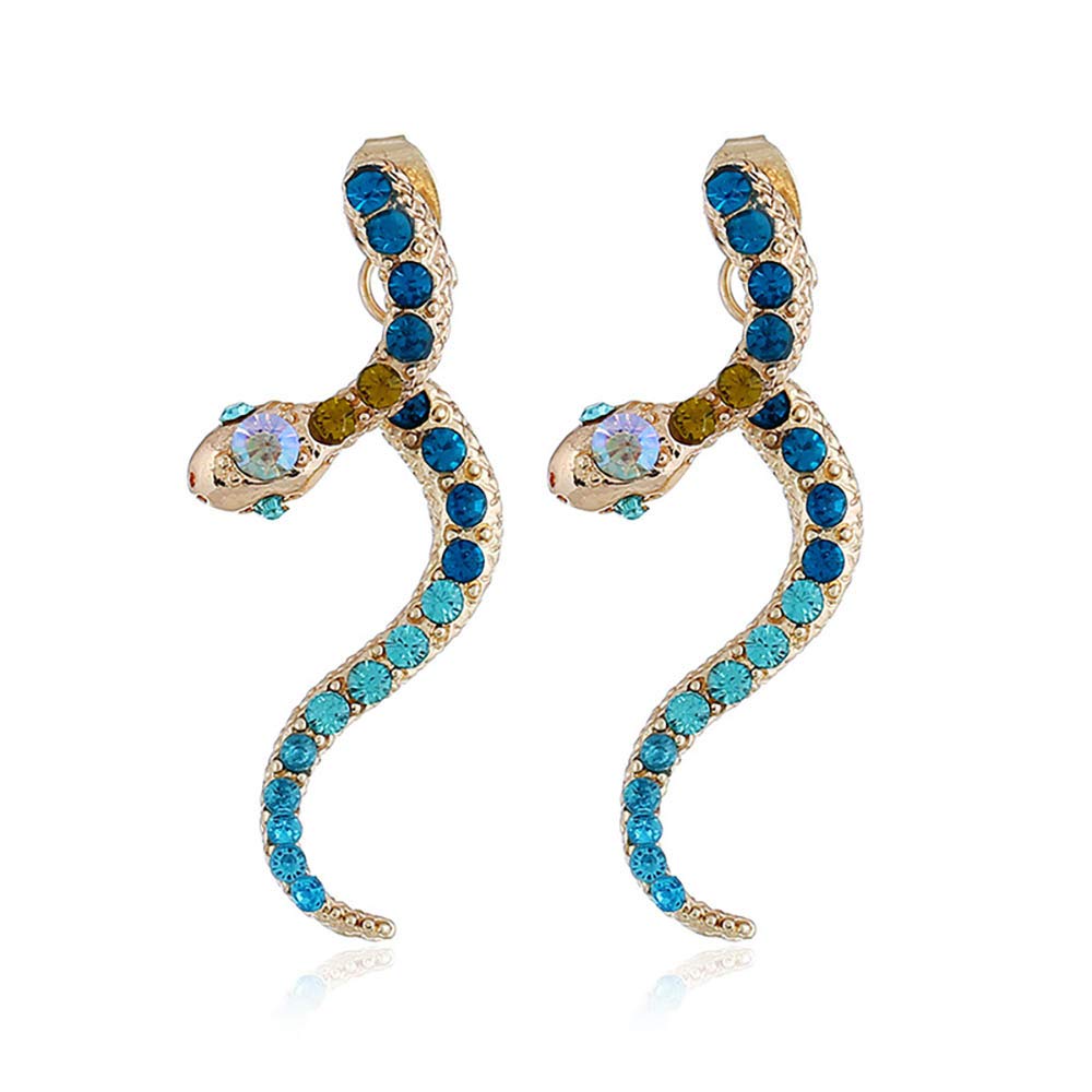 Blue Zircon Crystal Snake Earrings Animal Pattern Drop Ear Clip Stud Drop Earrings for Women Unique Gift Party Jewelry